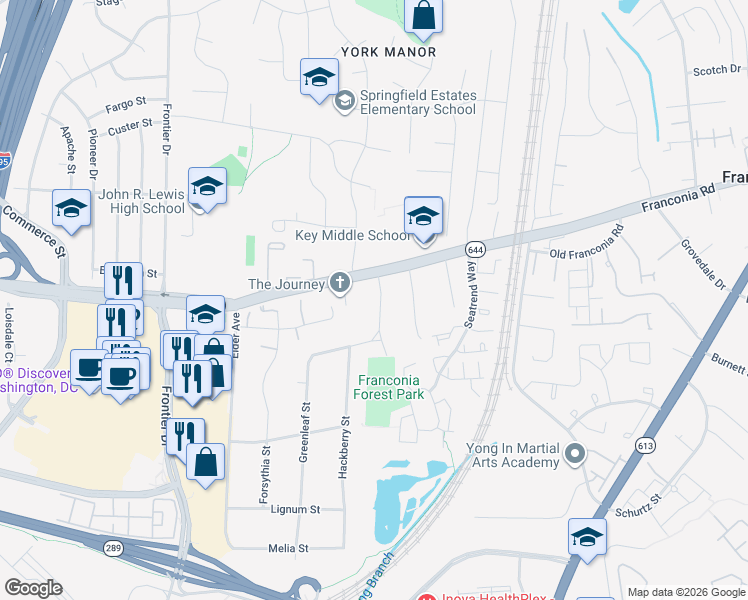 map of restaurants, bars, coffee shops, grocery stores, and more near 6408 Inwood Drive in Springfield