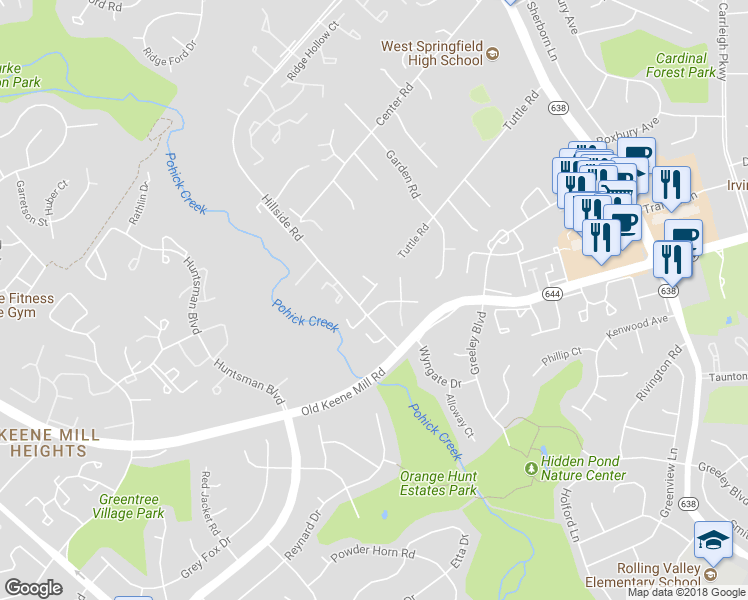 map of restaurants, bars, coffee shops, grocery stores, and more near 8652 Hillside Manor Drive in West Springfield