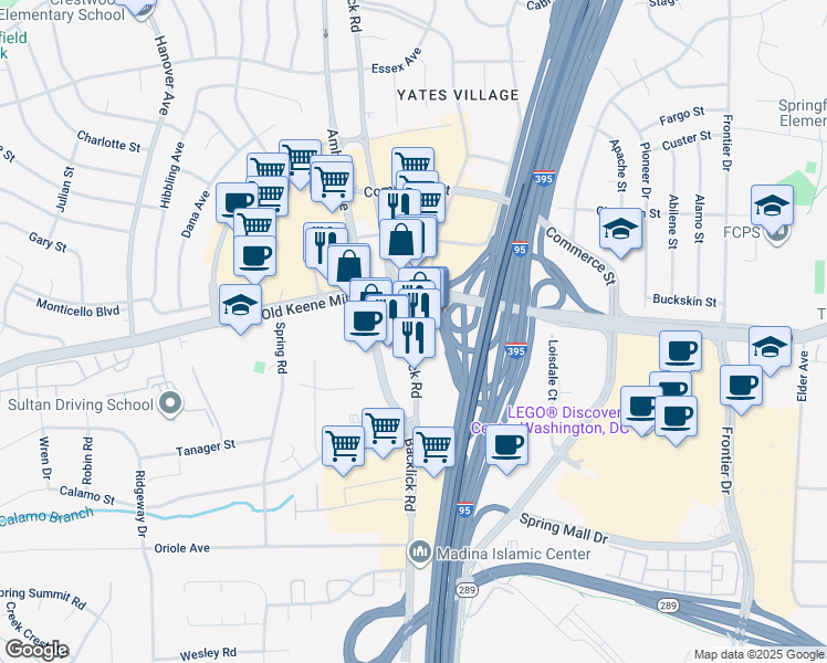 map of restaurants, bars, coffee shops, grocery stores, and more near 6869 Springfield Boulevard in Springfield