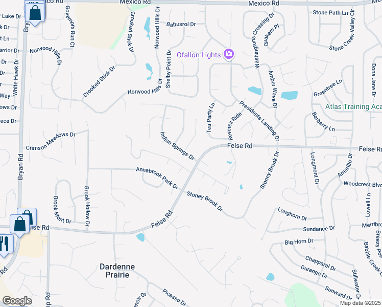map of restaurants, bars, coffee shops, grocery stores, and more near 1590 Indian Springs Drive in O'Fallon