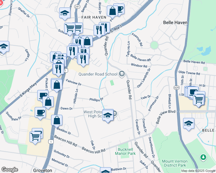 map of restaurants, bars, coffee shops, grocery stores, and more near 2411 Phillips Drive in Alexandria