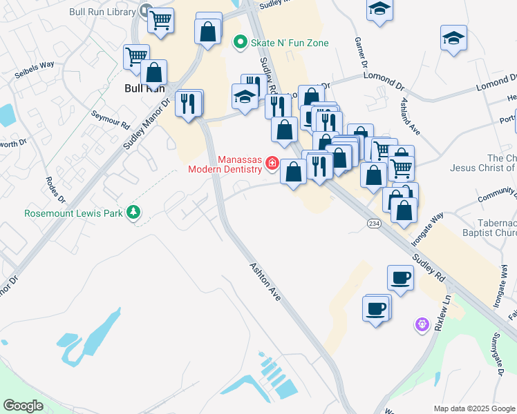 map of restaurants, bars, coffee shops, grocery stores, and more near 10604 Provincial Drive in Manassas