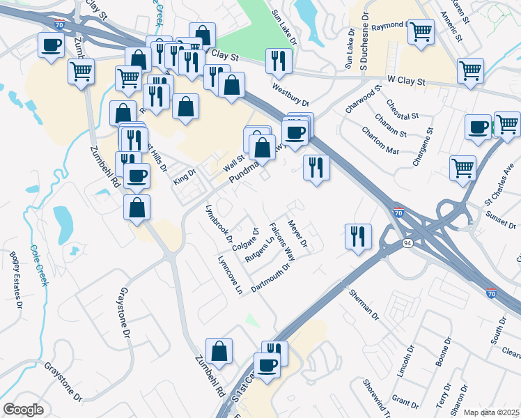 map of restaurants, bars, coffee shops, grocery stores, and more near 2537 Falcons Way in Saint Charles