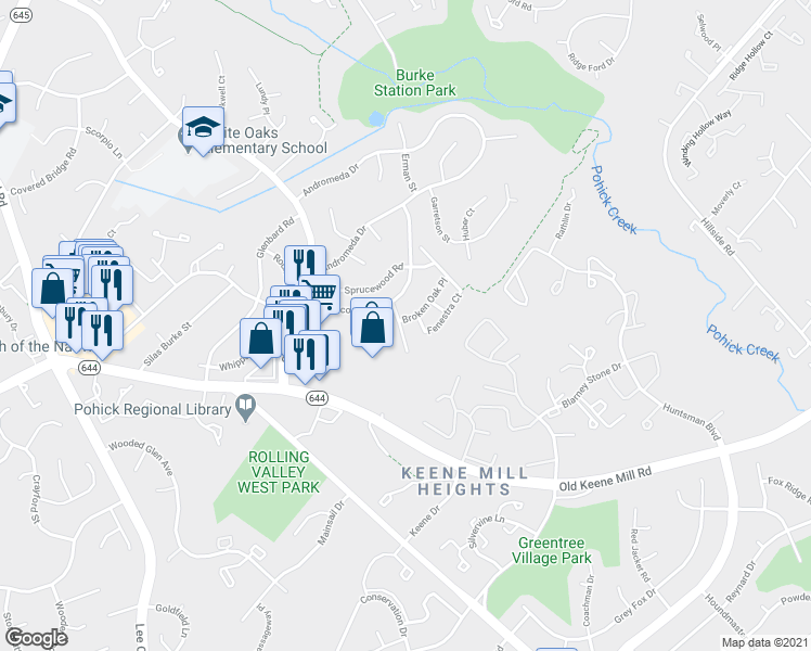 map of restaurants, bars, coffee shops, grocery stores, and more near 9175 Broken Oak Place in Burke