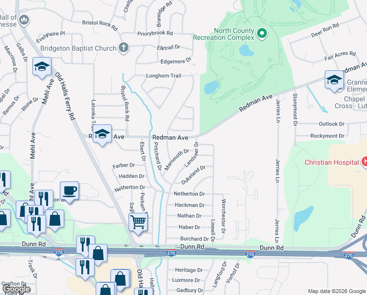 map of restaurants, bars, coffee shops, grocery stores, and more near 11175 Mammoth Dr in St Louis