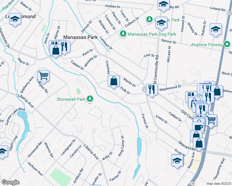 map of restaurants, bars, coffee shops, grocery stores, and more near 198 Cabbel Drive in Manassas Park
