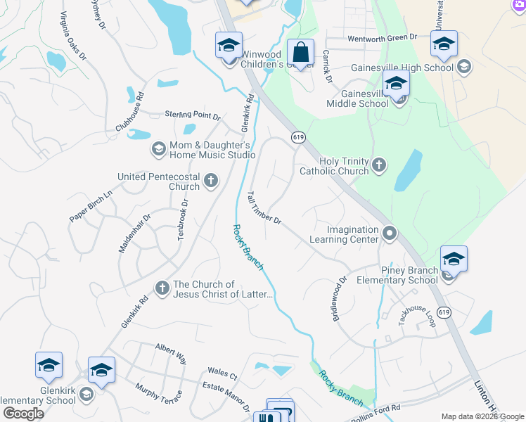 map of restaurants, bars, coffee shops, grocery stores, and more near 8028 Rocky Run Road in Gainesville