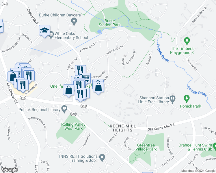 map of restaurants, bars, coffee shops, grocery stores, and more near 9187 Broken Oak Place in Burke