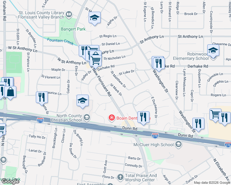 map of restaurants, bars, coffee shops, grocery stores, and more near 1195 Saint Mark Drive in Florissant