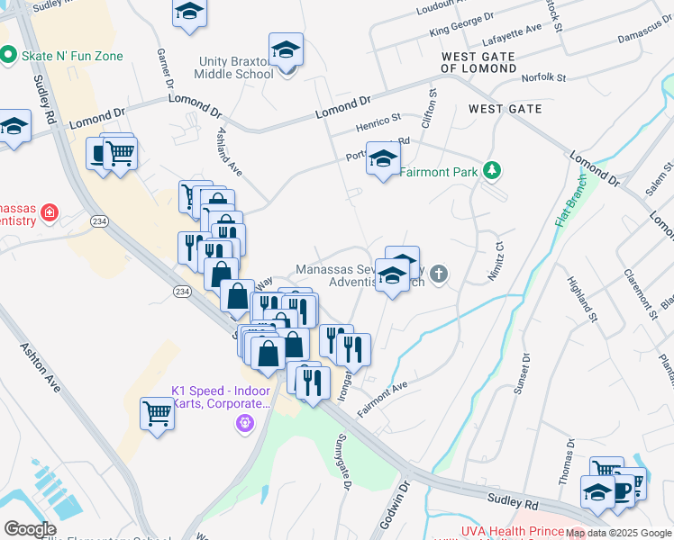map of restaurants, bars, coffee shops, grocery stores, and more near 7956 Community Drive in Manassas