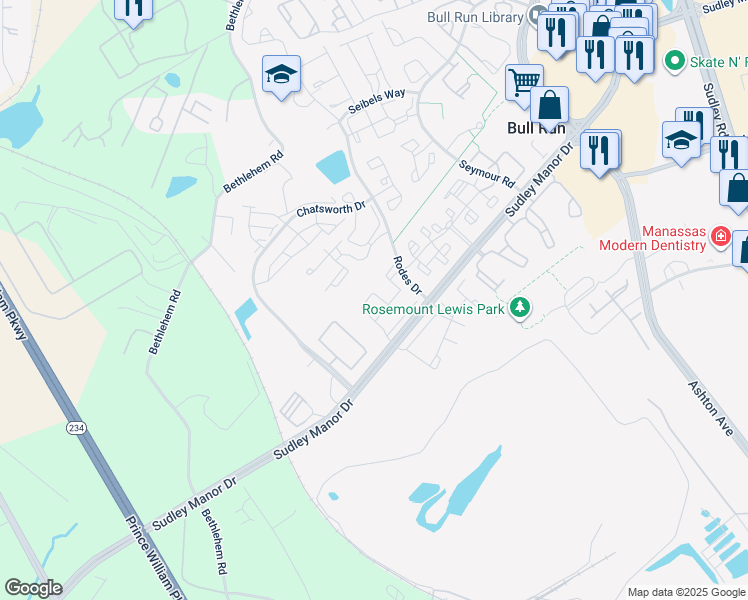 map of restaurants, bars, coffee shops, grocery stores, and more near 8237 Humphrey Lane in Manassas