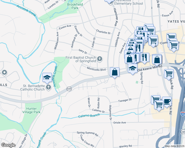 map of restaurants, bars, coffee shops, grocery stores, and more near 7404 Hastings Street in Springfield