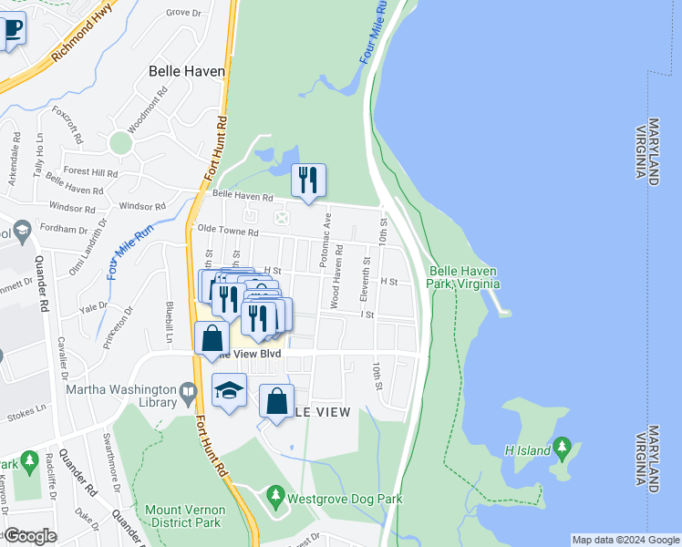 map of restaurants, bars, coffee shops, grocery stores, and more near 6412 Wood Haven Road in Alexandria