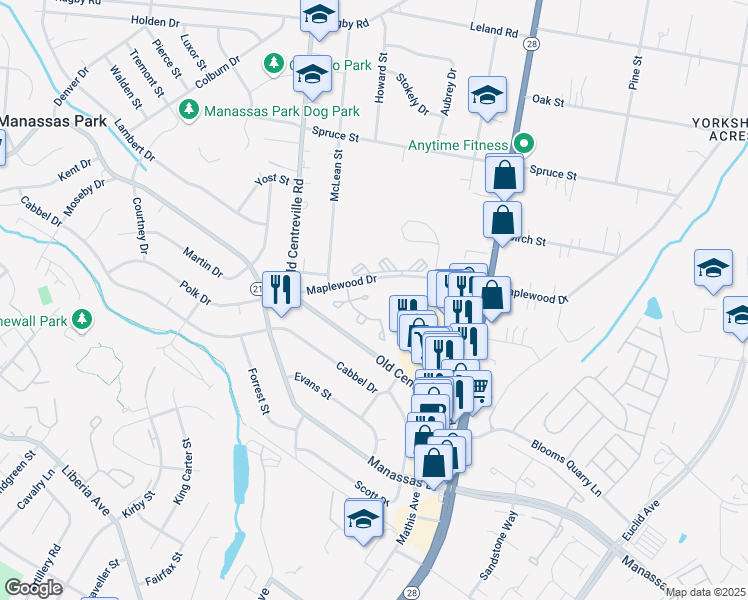 map of restaurants, bars, coffee shops, grocery stores, and more near 8550 Cabot Court in Manassas