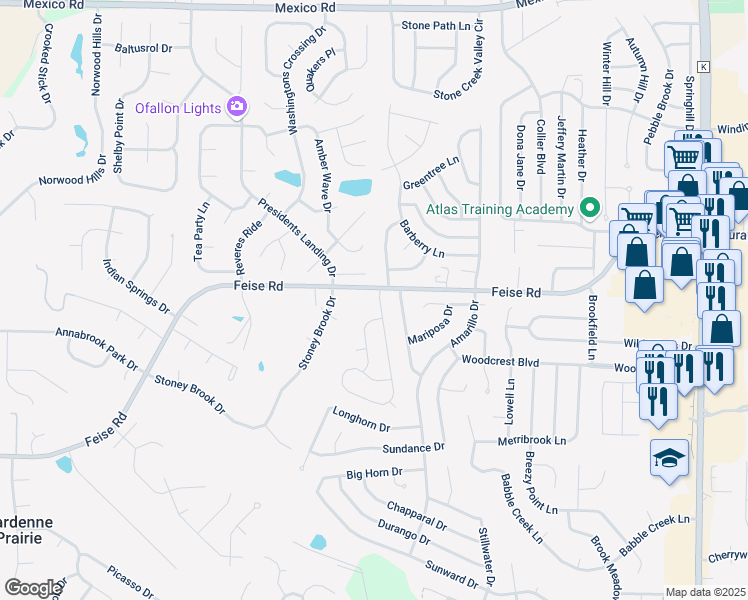 map of restaurants, bars, coffee shops, grocery stores, and more near 3 Mallard Pointe Drive in O'Fallon
