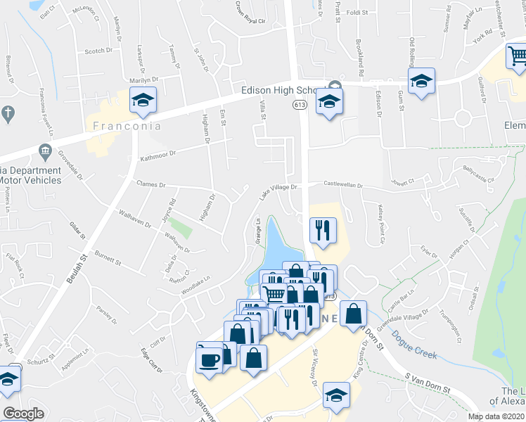 map of restaurants, bars, coffee shops, grocery stores, and more near 6501 Grange Lane in Alexandria