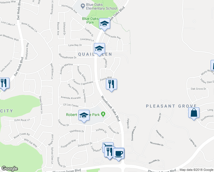 map of restaurants, bars, coffee shops, grocery stores, and more near 521 Hydrangea Court in Roseville