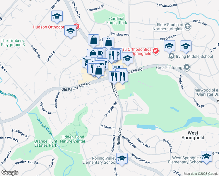 map of restaurants, bars, coffee shops, grocery stores, and more near 6357 Regal Oak Drive in West Springfield