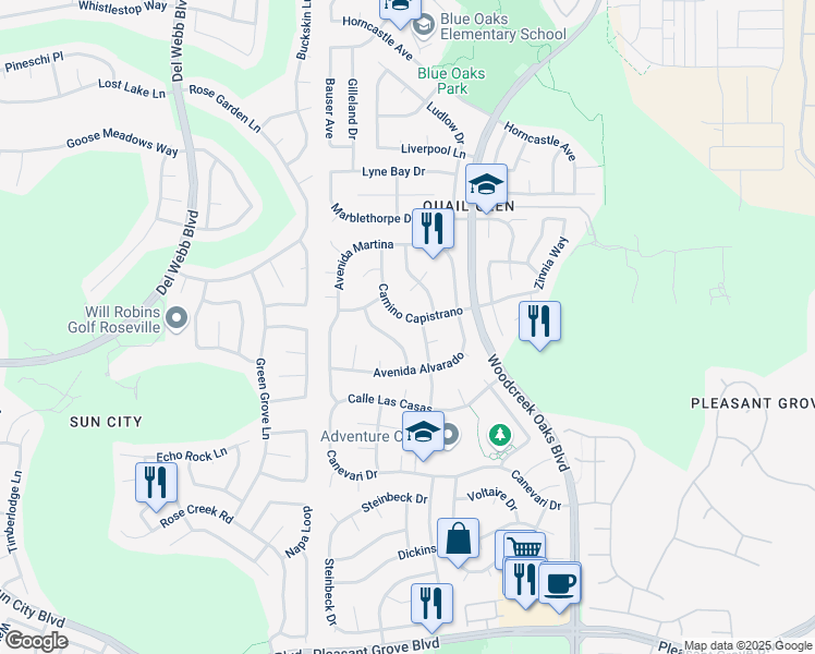 map of restaurants, bars, coffee shops, grocery stores, and more near 1215 Camino Capistrano in Roseville