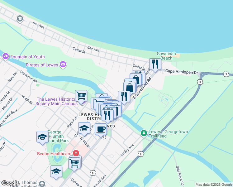 map of restaurants, bars, coffee shops, grocery stores, and more near 202 Anglers Road in Lewes