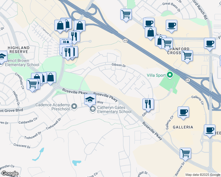 map of restaurants, bars, coffee shops, grocery stores, and more near Roseville Pkwy in Roseville