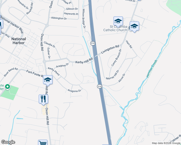 map of restaurants, bars, coffee shops, grocery stores, and more near 8405 Indian Head Highway in Fort Washington