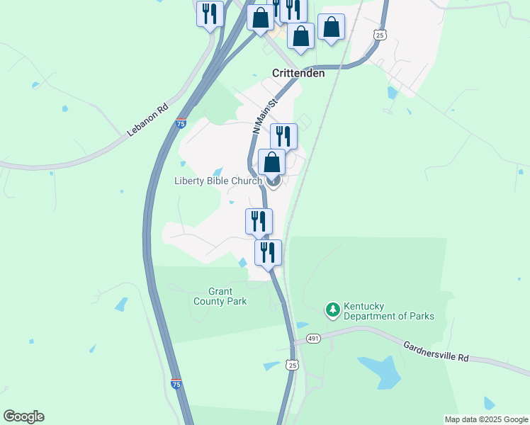 map of restaurants, bars, coffee shops, grocery stores, and more near 122 South Main Street in Crittenden