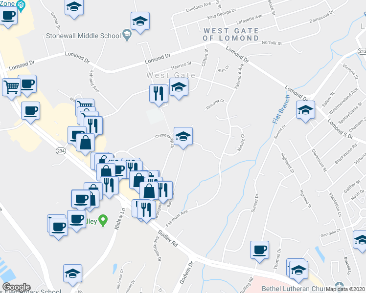 map of restaurants, bars, coffee shops, grocery stores, and more near 8141 Community Drive in Manassas