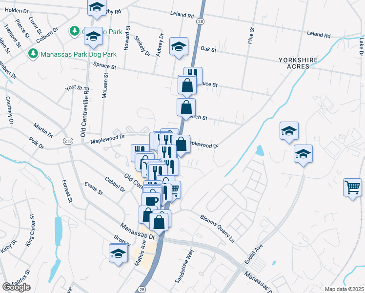 map of restaurants, bars, coffee shops, grocery stores, and more near 8209 Centreville Road in Manassas
