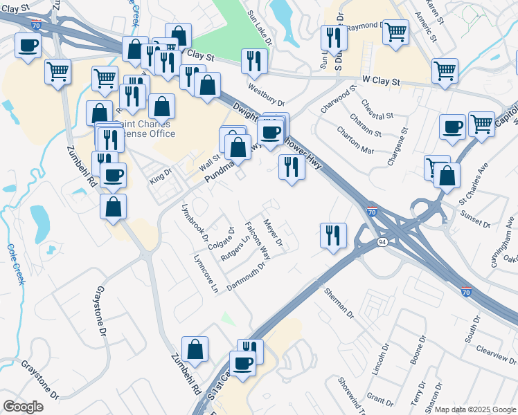 map of restaurants, bars, coffee shops, grocery stores, and more near 1445 Alberta Drive in Saint Charles