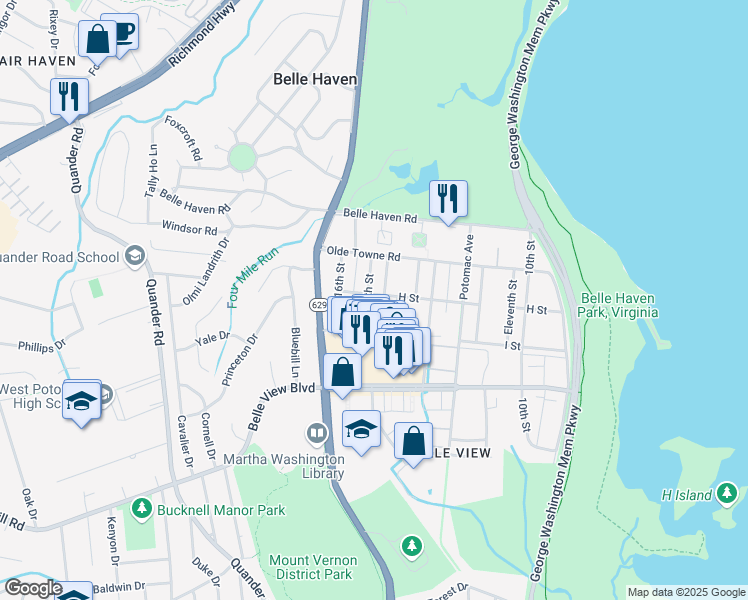 map of restaurants, bars, coffee shops, grocery stores, and more near 6413 15th Street in Alexandria