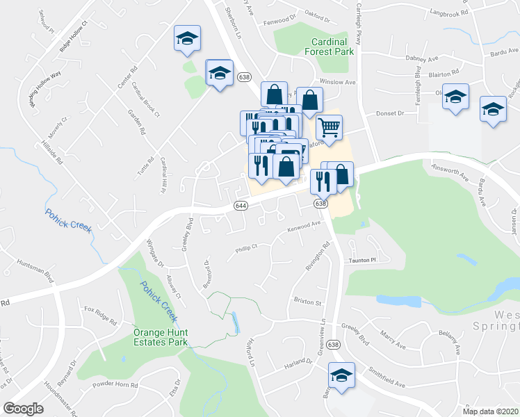 map of restaurants, bars, coffee shops, grocery stores, and more near 8451 Millwood Place in West Springfield