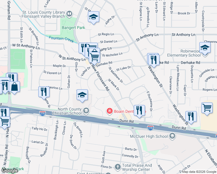 map of restaurants, bars, coffee shops, grocery stores, and more near 3 Spring Drive in Florissant