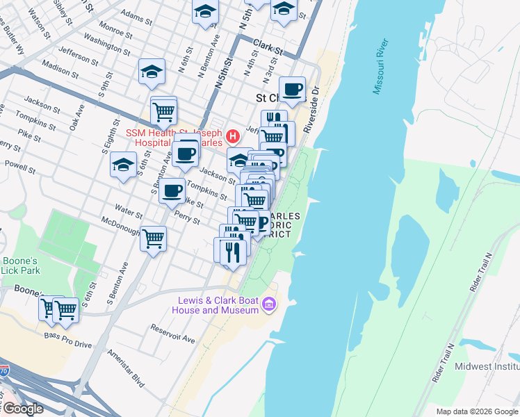 map of restaurants, bars, coffee shops, grocery stores, and more near 422 South Main Street in Saint Charles