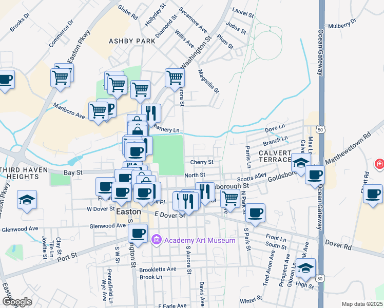 map of restaurants, bars, coffee shops, grocery stores, and more near 309 Salmon Avenue in Easton