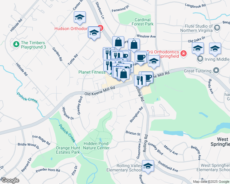map of restaurants, bars, coffee shops, grocery stores, and more near 8444 Millwood Drive in West Springfield