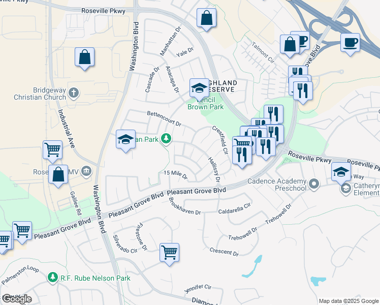 map of restaurants, bars, coffee shops, grocery stores, and more near 23 Clancy Court in Roseville