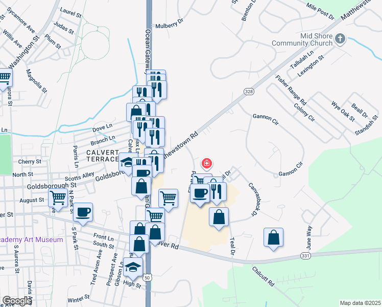 map of restaurants, bars, coffee shops, grocery stores, and more near 8337 Elliott Road in Easton