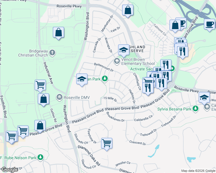 map of restaurants, bars, coffee shops, grocery stores, and more near 17 Sean Court in Roseville