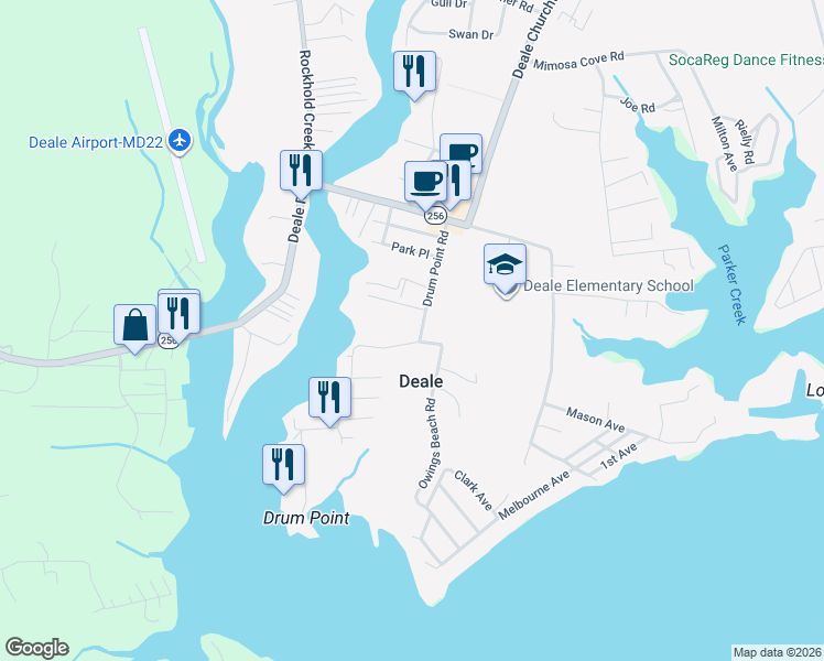 map of restaurants, bars, coffee shops, grocery stores, and more near 6038 Drum Point Road in Deale