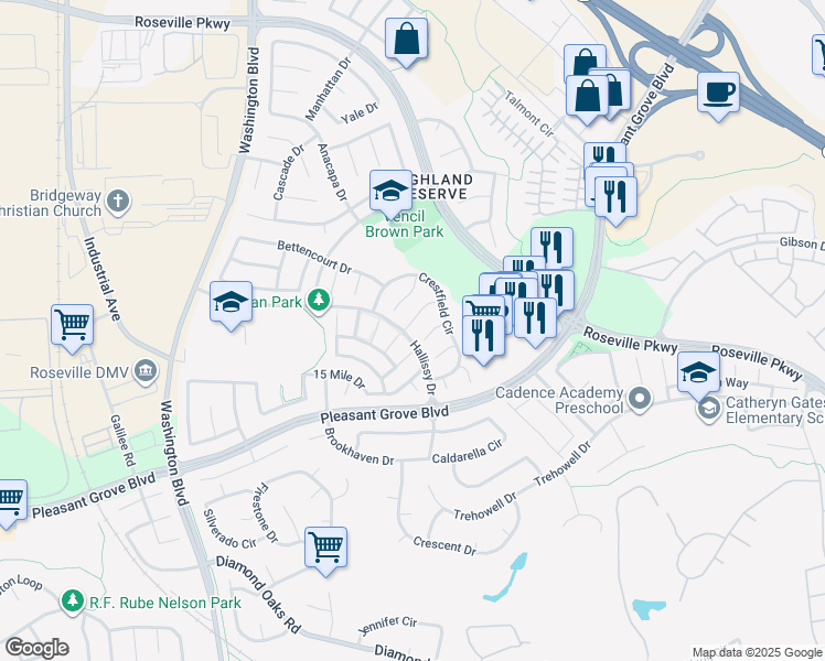 map of restaurants, bars, coffee shops, grocery stores, and more near 67 Kingsbury Court in Roseville