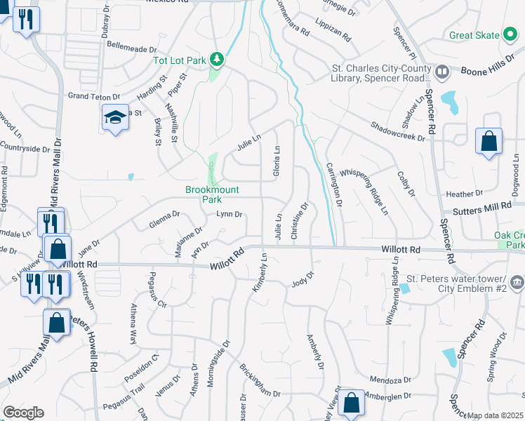 map of restaurants, bars, coffee shops, grocery stores, and more near 110 Kimberly Lane in Saint Peters
