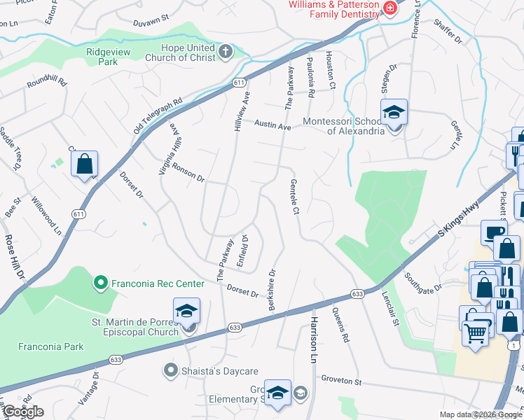 map of restaurants, bars, coffee shops, grocery stores, and more near 6409 The Parkway in Alexandria
