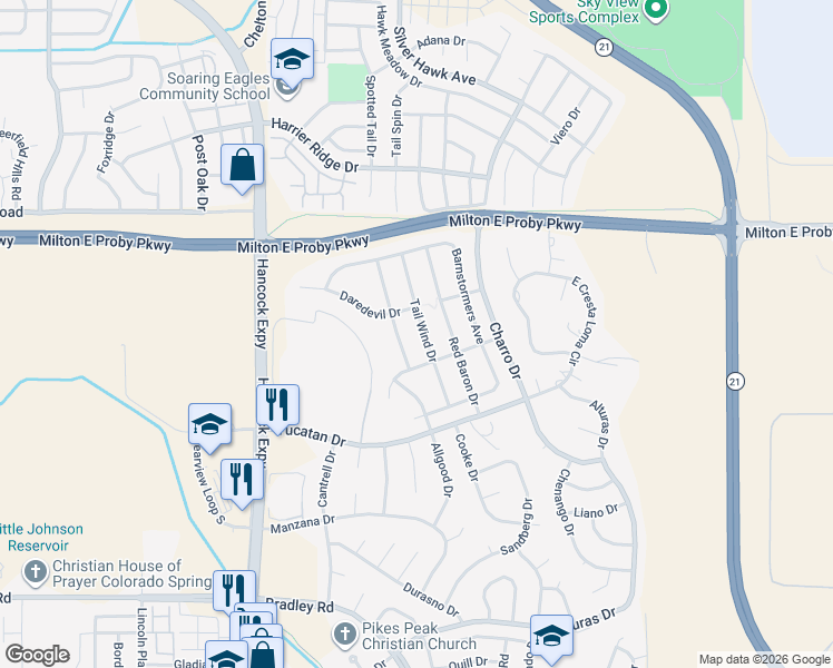 map of restaurants, bars, coffee shops, grocery stores, and more near 3640 Tail Wind Drive in Colorado Springs