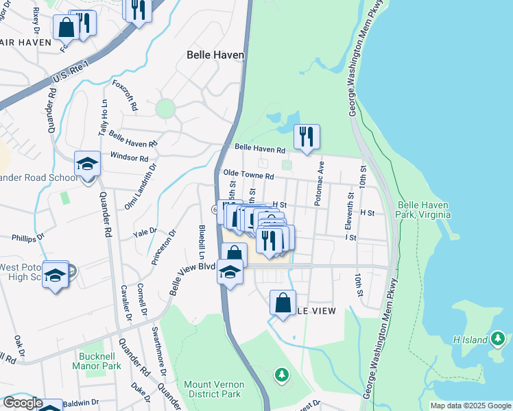 map of restaurants, bars, coffee shops, grocery stores, and more near 6413 15th Street in Alexandria