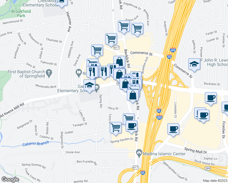 map of restaurants, bars, coffee shops, grocery stores, and more near 7039 Old Keene Mill Road in Springfield