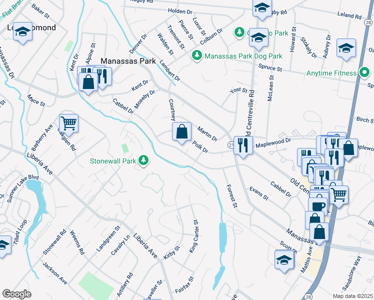 map of restaurants, bars, coffee shops, grocery stores, and more near 198 Cabbel Drive in Manassas Park
