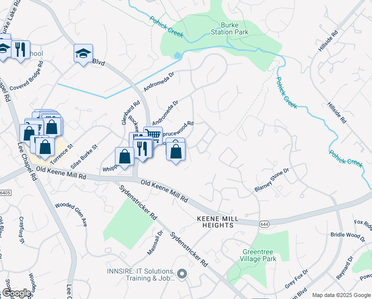 map of restaurants, bars, coffee shops, grocery stores, and more near 146 Hickory Tree Court in Burke