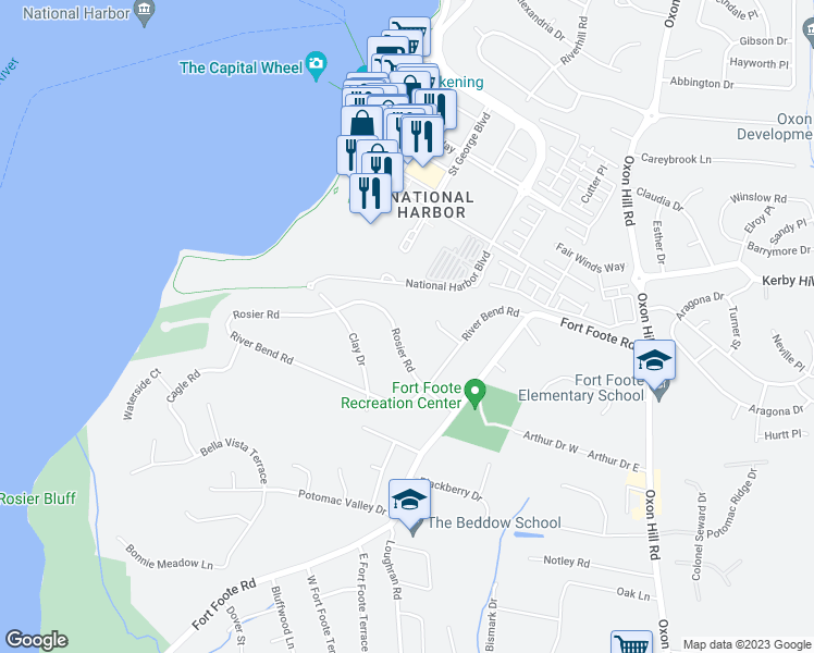 map of restaurants, bars, coffee shops, grocery stores, and more near 437 Rosier Road in Fort Washington