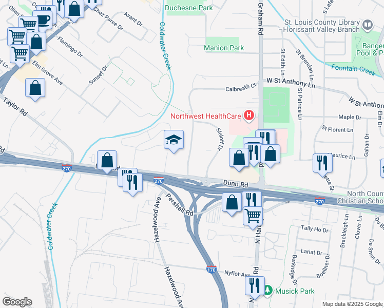 map of restaurants, bars, coffee shops, grocery stores, and more near 7350 Hazelcrest Drive in Hazelwood